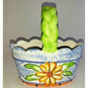 Small Ceramic Basket with a Green Weaved Handle and Yellow and Orange Flowers